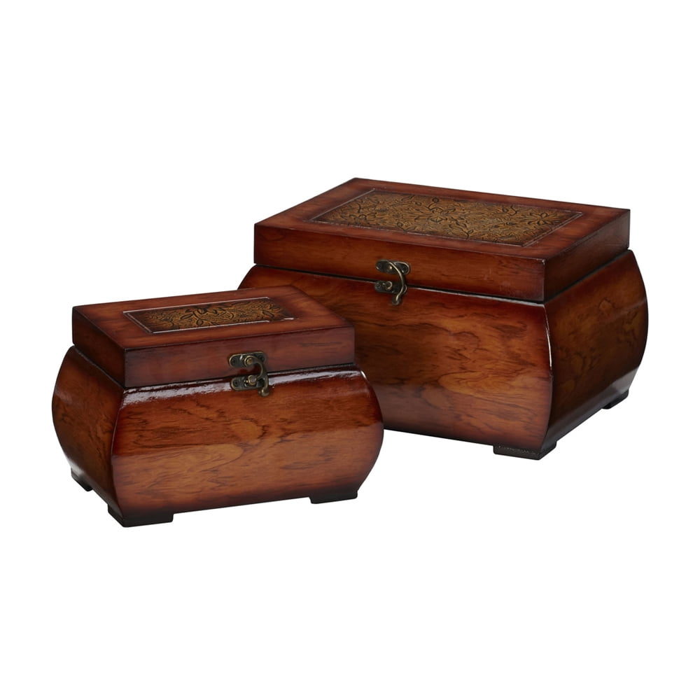 Brown Lacquered Wood Trinket Boxes with Floral Pattern, Set of 2
