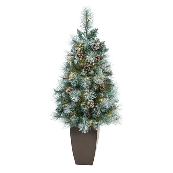 Nearly Natural 3.5' Frosted Tip Pine Artificial Christmas Tree in Planter, Prelit with 50 Clear Lights