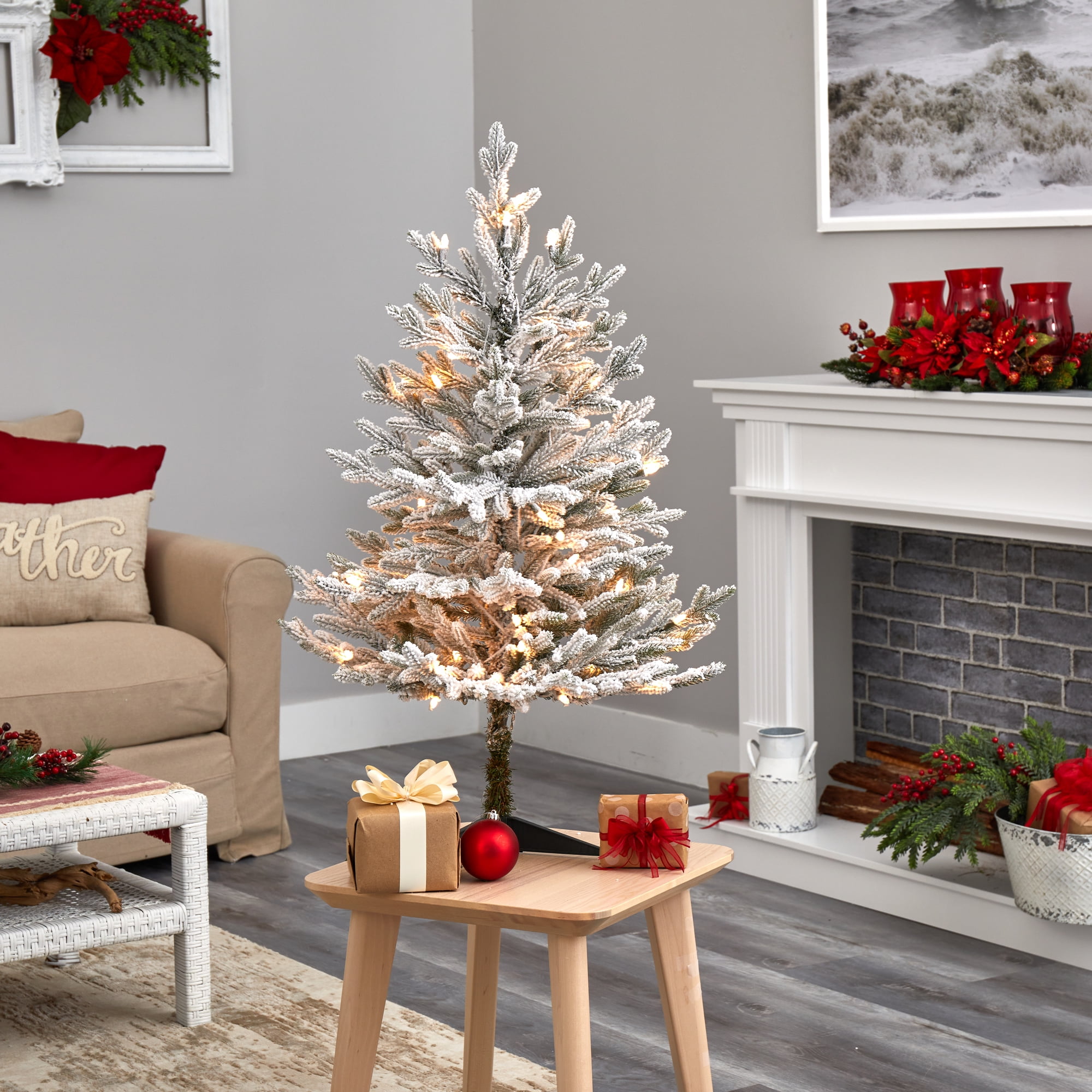 3-Foot Flocked Fraser Fir Artificial Christmas Tree with Warm White LED Lights