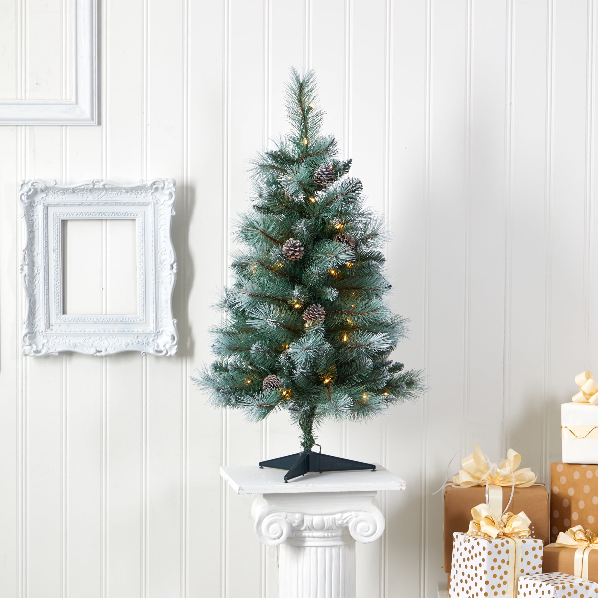 Nearly Natural 3' Frosted Tip Pine Artificial Christmas Tree Prelit 50 Clear LED Lights