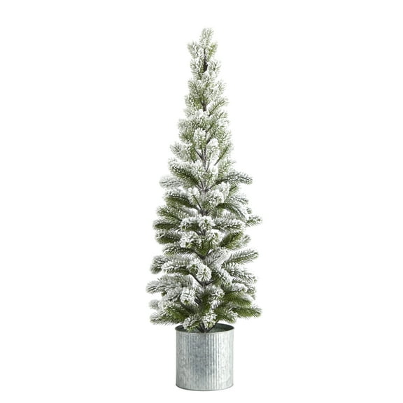 Nearly Natural 3' Green Flocked Pine Artificial Christmas Tree in Tin Planter