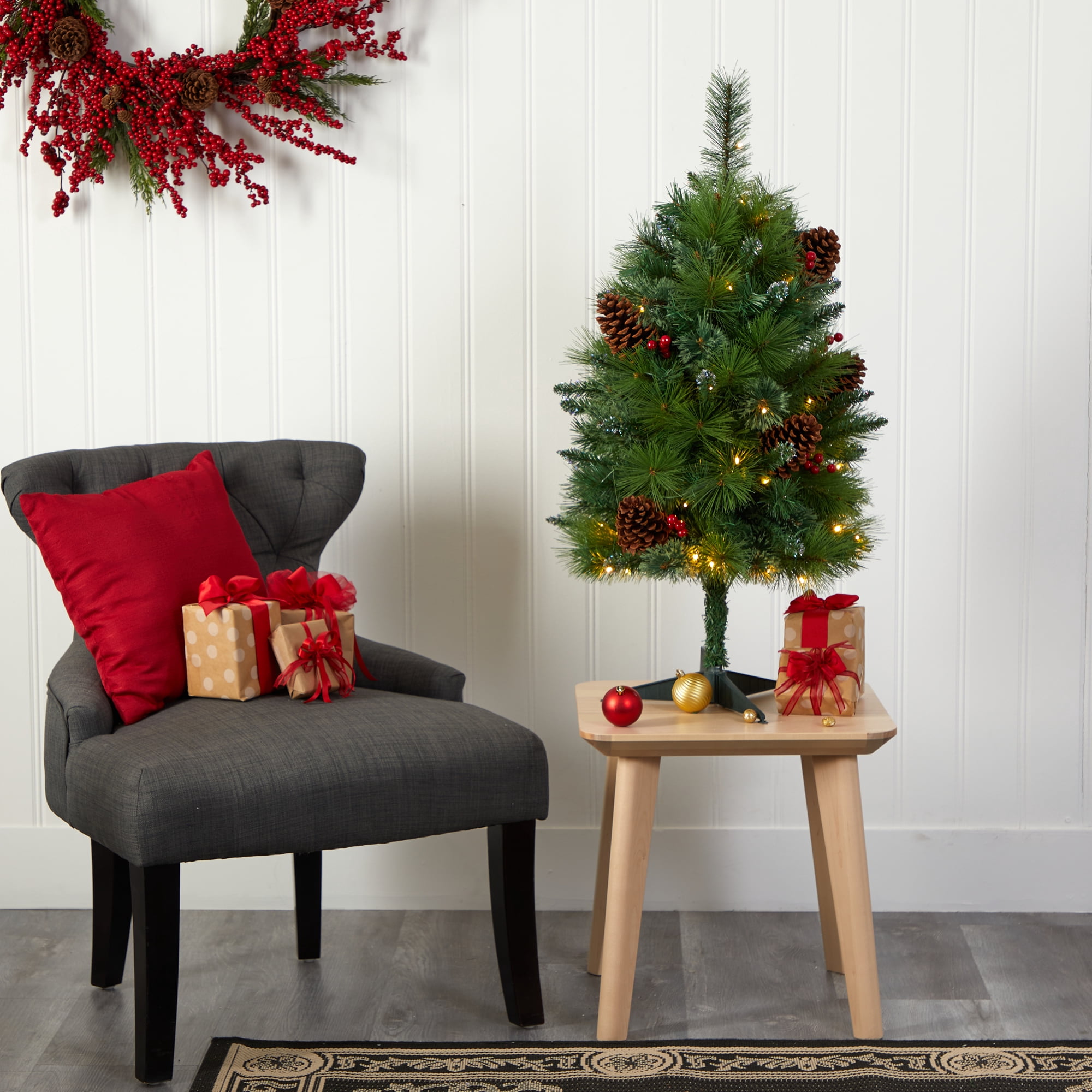 Nearly Natural 3' Green Pine Artificial Christmas Tree with Pinecones Berries Prelit 50 Clear LED Lights