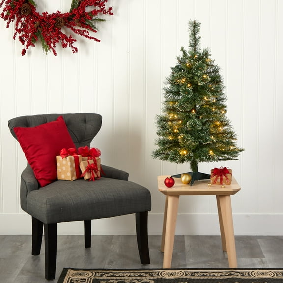 Nearly Natural 3' Green Slim Snow Tip Pine Artificial Christmas Tree with 50 Clear LED Lights