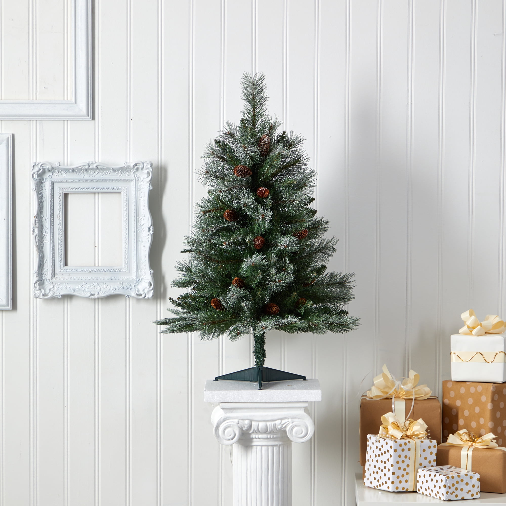 Nearly Natural 3' Snowed Pine Artificial Christmas Tree with Pine Cones, Green