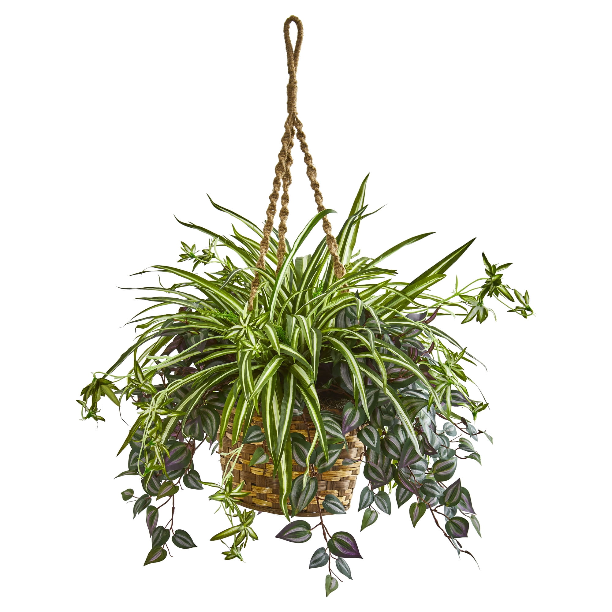 Nearly Natural 30-In. Wandering Jew & Spider Artificial Plant in Hanging  Basket