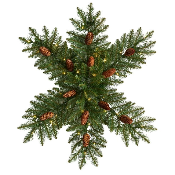 Nearly Natural 30" Pre-Lit Snowflake Artificial Dunhill Fir Wreath with Pinecones and 40 LED Lights