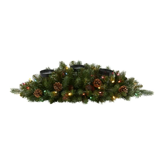 Nearly Natural 30in. Flocked and Glittered Artificial Christmas Triple Candelabrum with 35 Multicolored Lights and Pine Cones