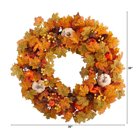 Nearly Natural 30" Autumn Pumpk- and Maple Leaf Artificial Fall Wreath - Orange