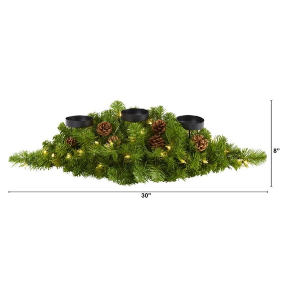 Nearly Natural 30in. Christmas Artificial Pine Triple Candelabrum with 35 Clear Lights and Pine Cones