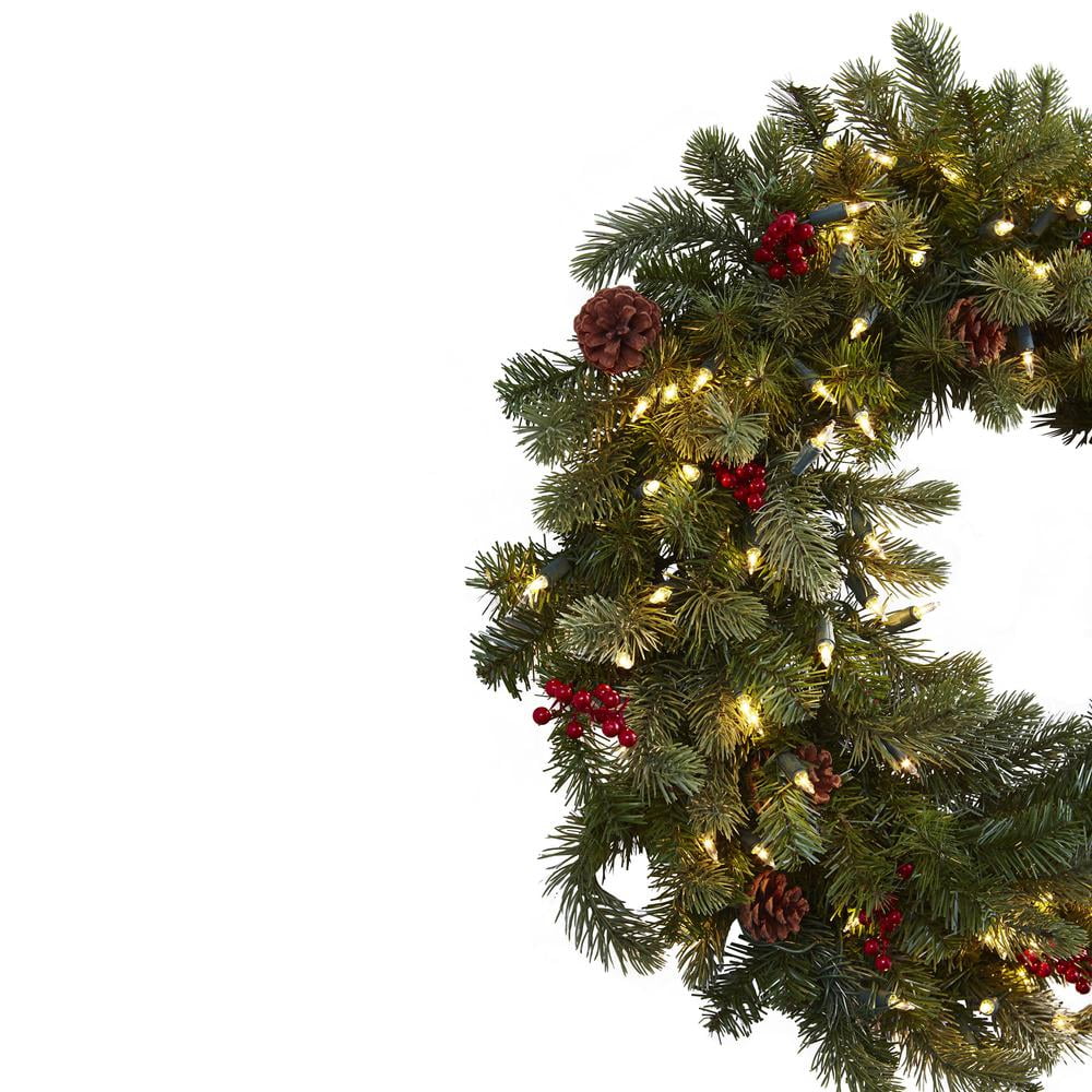 30" Lighted Artificial Pine Christmas Wreath with Berries and Pine Cones