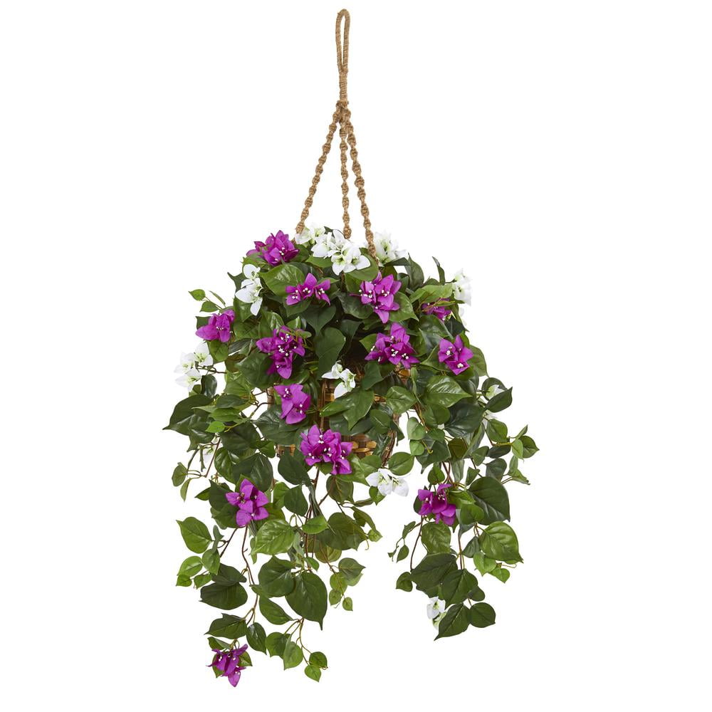 30" Purple and White Bougainvillea Artificial Hanging Plant with Rope Basket