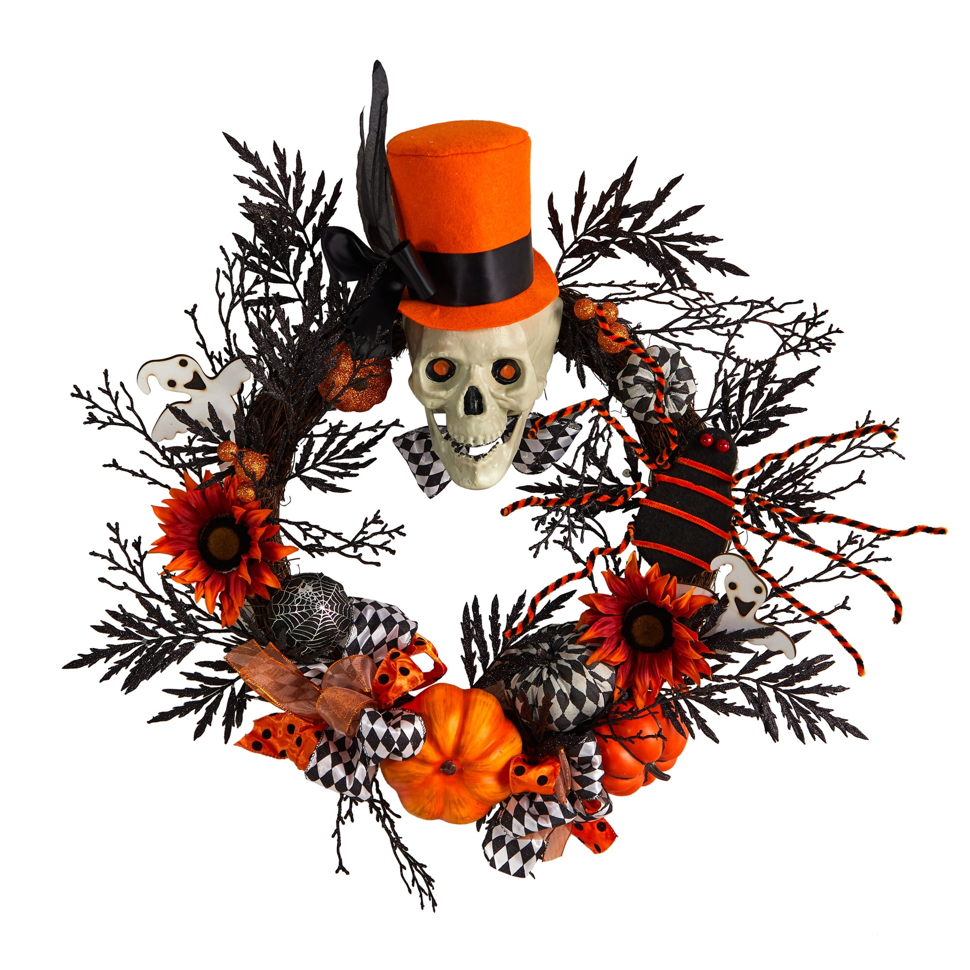 Nearly Natural 30in. Spider and Skull with Top Hat Halloween Wreath