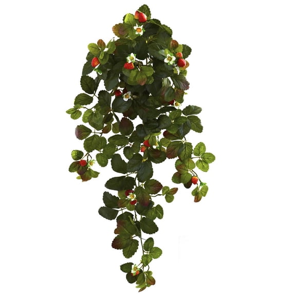 Nearly Natural 31" Strawberry Hanging Bush Artificial Plant with Berry, Set of 2, Green