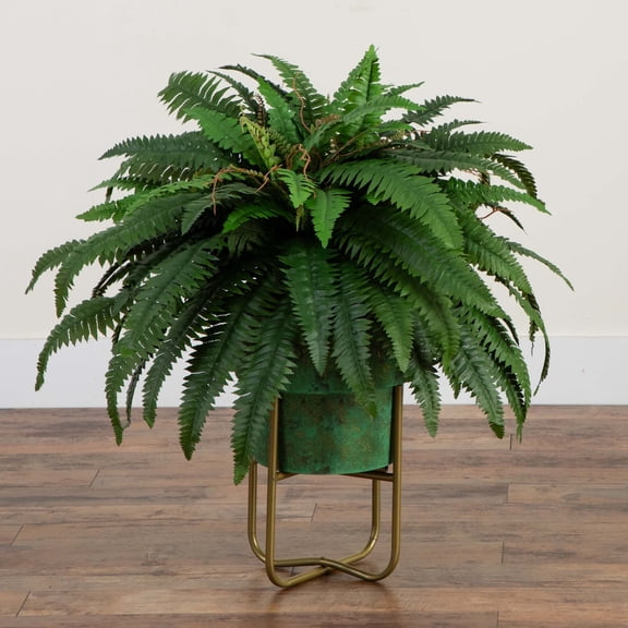 Nearly Natural Boston Fern Artificial Plant with Patina Metal Planter - 2.5'
