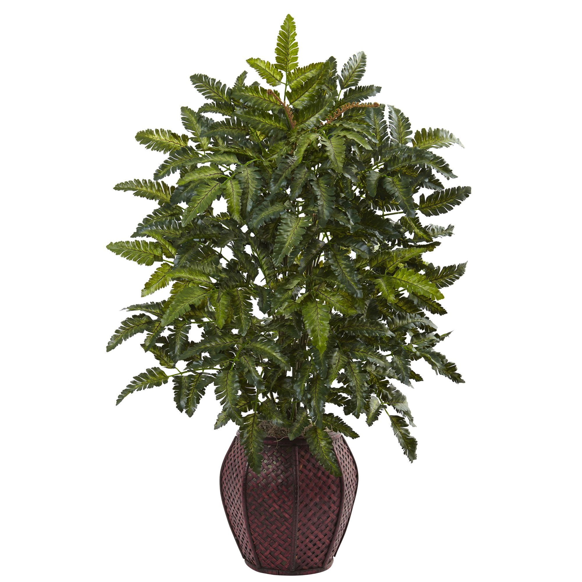 Tall Green Silk Fern in Brown Woven Planter