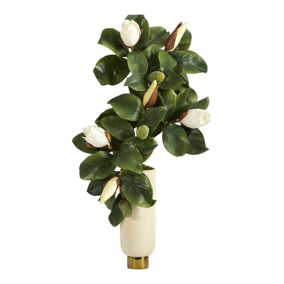 Nearly Natural 33in. Magnolia Artificial Plant in Cream Planter with Gold Base