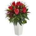 thumbnail image 1 of Nearly Natural 33in. Mixed Anthurium Artificial Plant in White Tower Vase, Red, 1 of 2