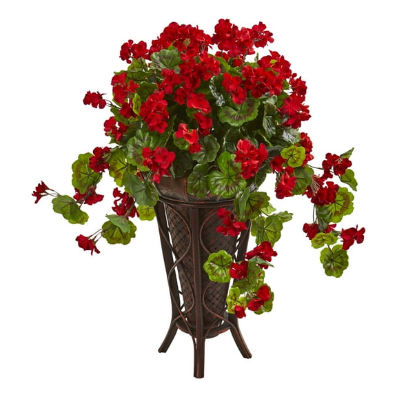 Nearly Natural 35" Geranium Artificial Plant in Stand Planter, Red