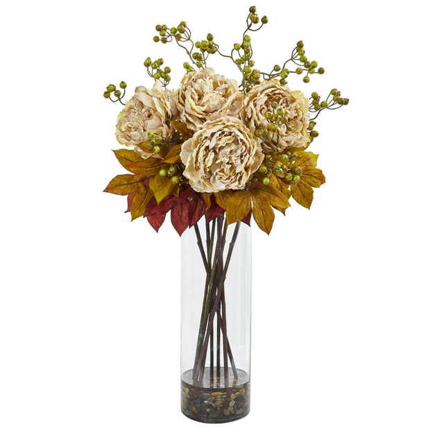 Nearly Natural 36in. Peony and Berries Artificial Arrangement in Large Cylinder Vase, Cream