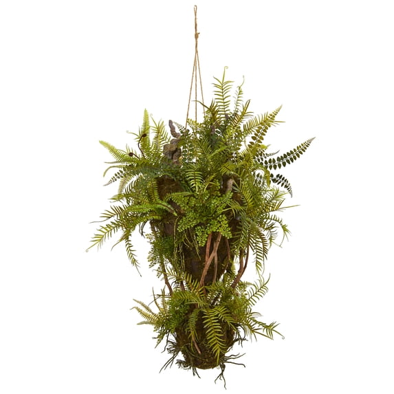 Nearly Natural 39in. Mixed Forest Foliage and Fern Artificial Hanging Plant , Green