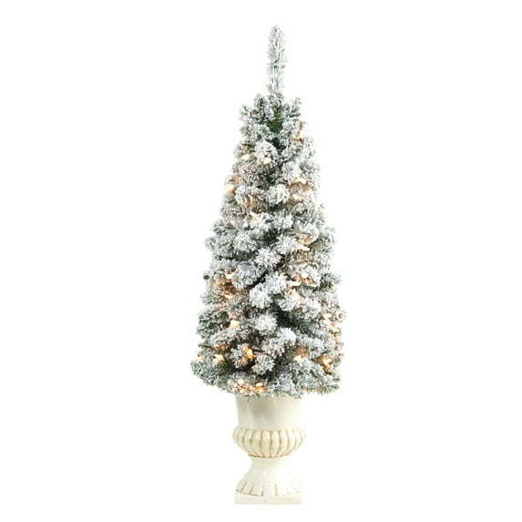 Nearly Natural 3ft. Flocked Pencil Artificial Christmas Tree with 50 Clear Lights and 132 Bendable Branches in White Urn