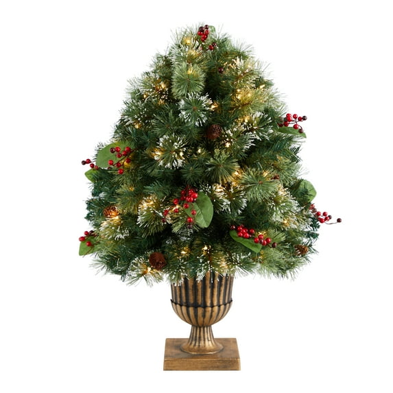 Nearly Natural 3ft. Holiday Pre-Lit Snow Tip Greenery, Berries and Pinecones Artificial Christmas Plant in Urn with 100 LED Lights