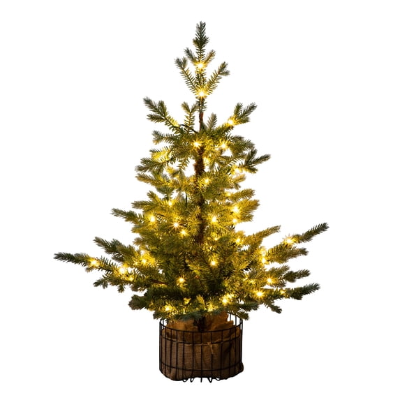 Nearly Natural 3ft. Pre-Lit Artificial Christmas Tree in Jute Wire Planter with 30 Warm White LED Lights