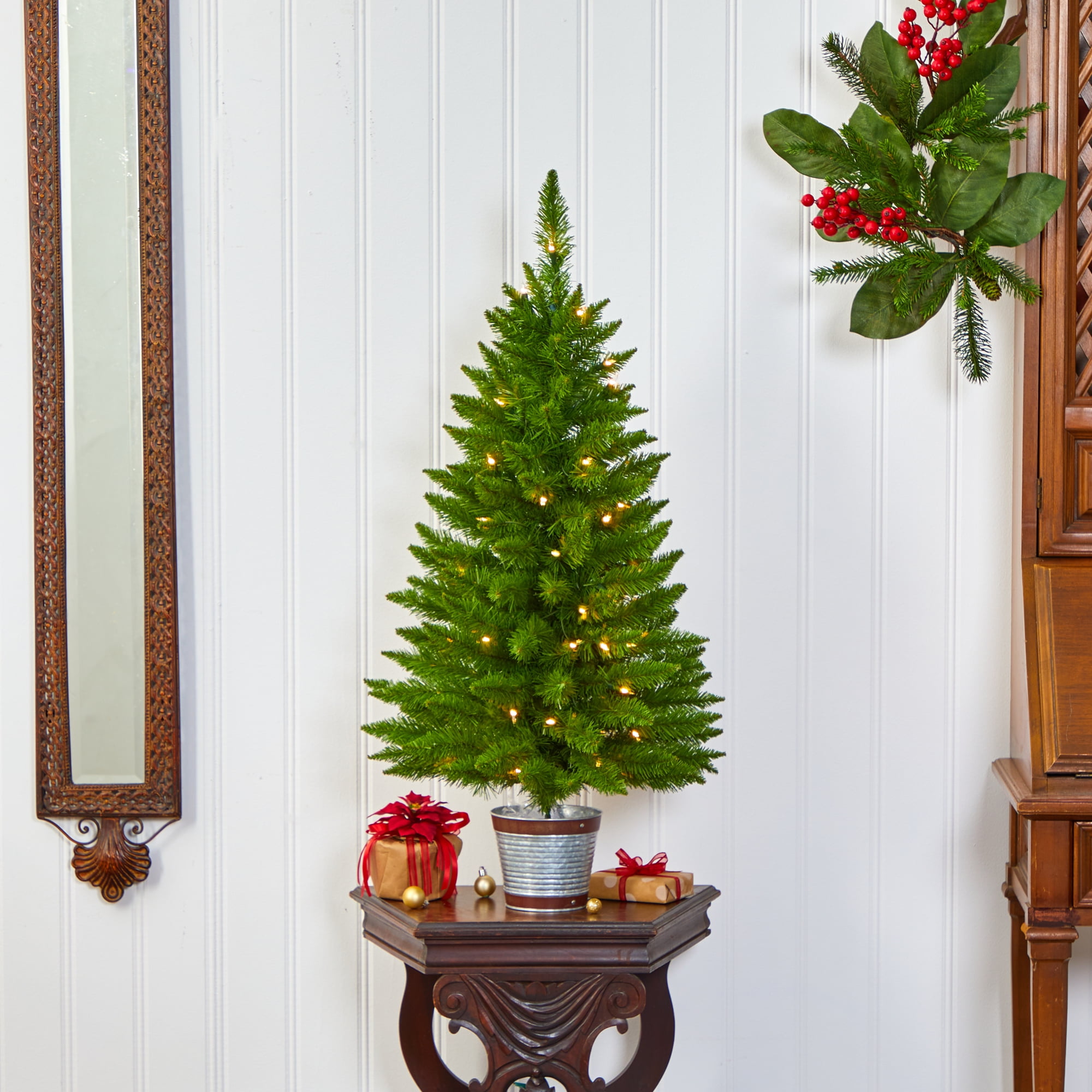 Nearly Natural 3ft. Providence Pine Artificial Christmas Tree with 50 Warm White Lights and 114 Bendable Branches, Green