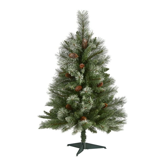 Nearly Natural 3ft. Snowed French Alps Mountain Pine Artificial Christmas Tree with 135 Bendable Branches and Pine Cones