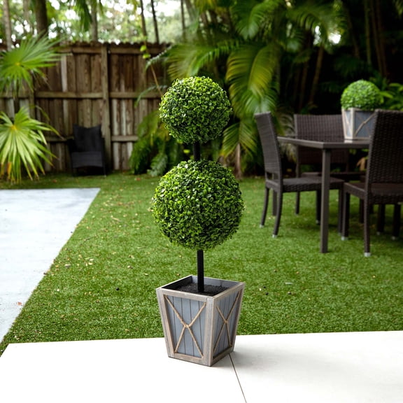 Nearly Natural Potted Double Ball Boxwood Artificial Topiary Tree - 3' - Clear LED Lights