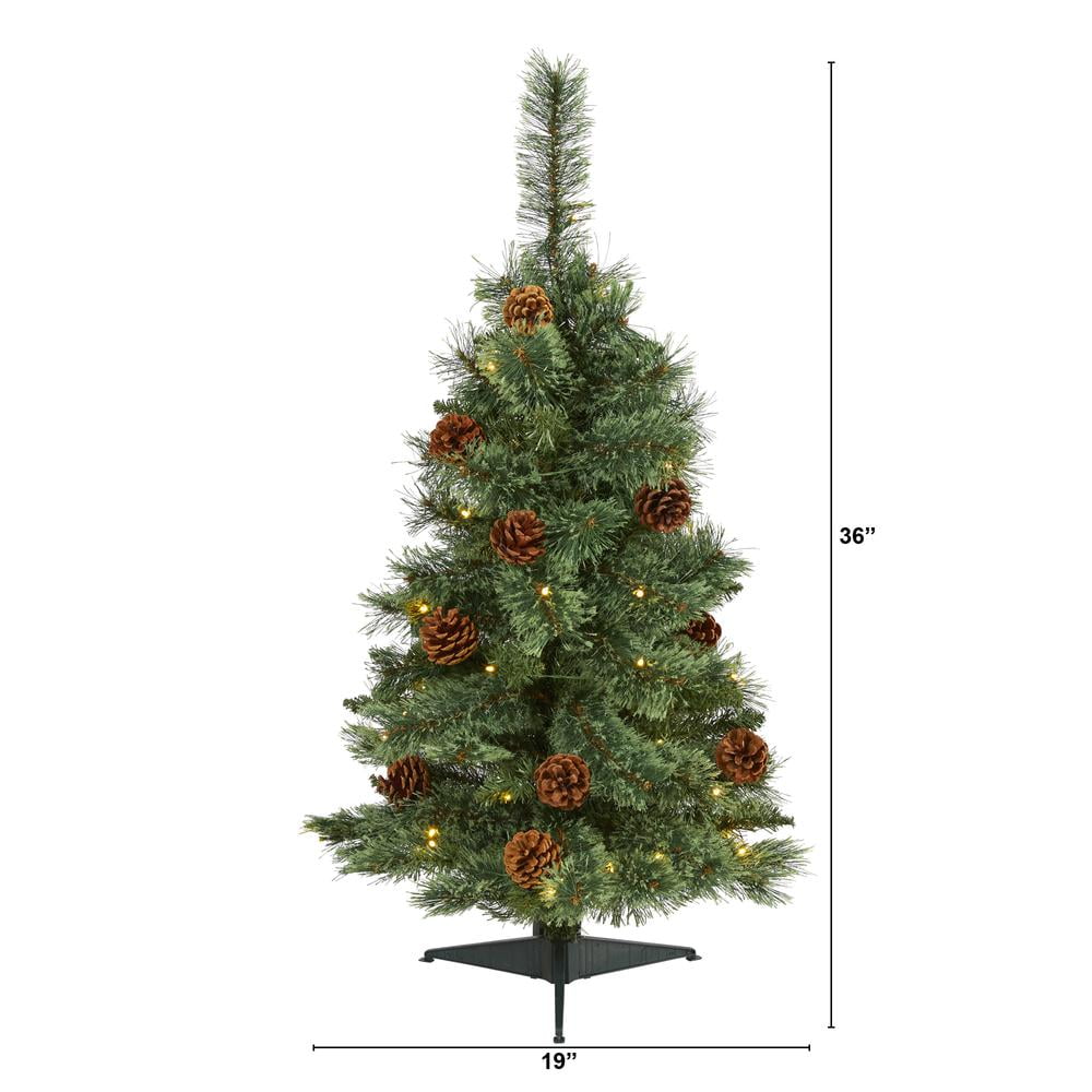 3ft White Pine Artificial Christmas Tree with LED Lights and Pine Cones