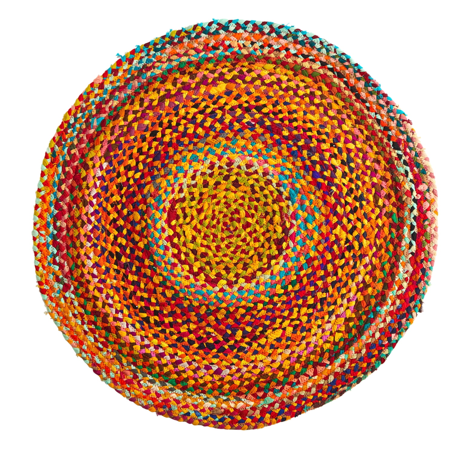 Handmade Multicolor Cotton Braided Round Boho Rug, 3ft