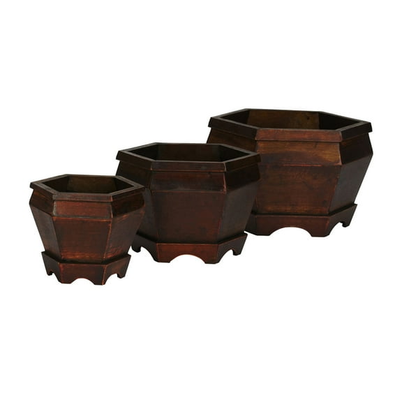 Nearly Natural 3pc Hexagon Wood Pot Set, Burgundy