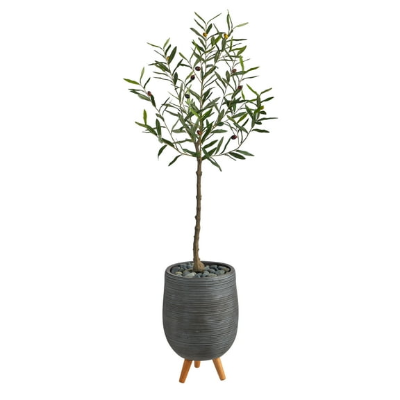 Nearly Natural 4.5' Olive Artificial Tree in Gray Planter with Stand