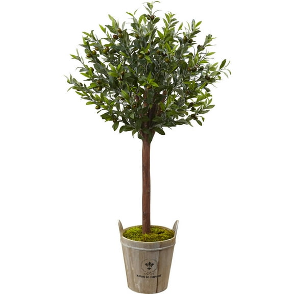 Nearly Natural 4.5' Olive Topiary Artificial Tree with Barrel Planter, Green