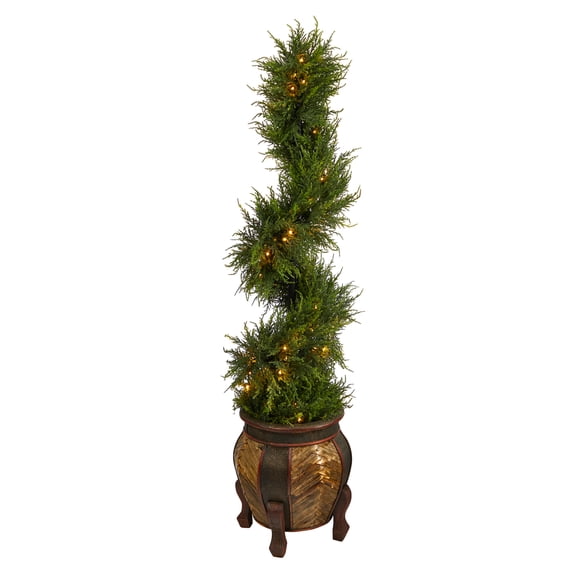 Nearly Natural 4.5' Prelit LED Spiral Cypress Artificial Tree in Planter