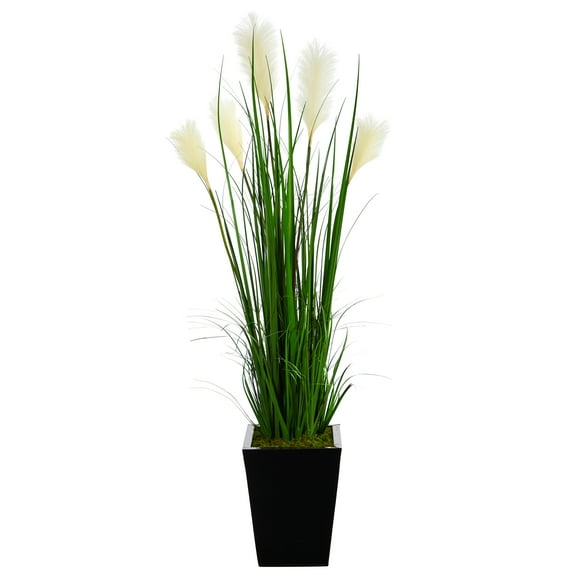 Nearly Natural 4.5' Wheat Plume Grass Artificial Plant in Black Metal Planter, Green