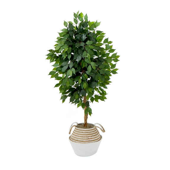 Nearly Natural 4.5ft. Artificial Ficus Tree with Double Trunk in Handmade Cotton & Jute Basket DIY KIT, Green