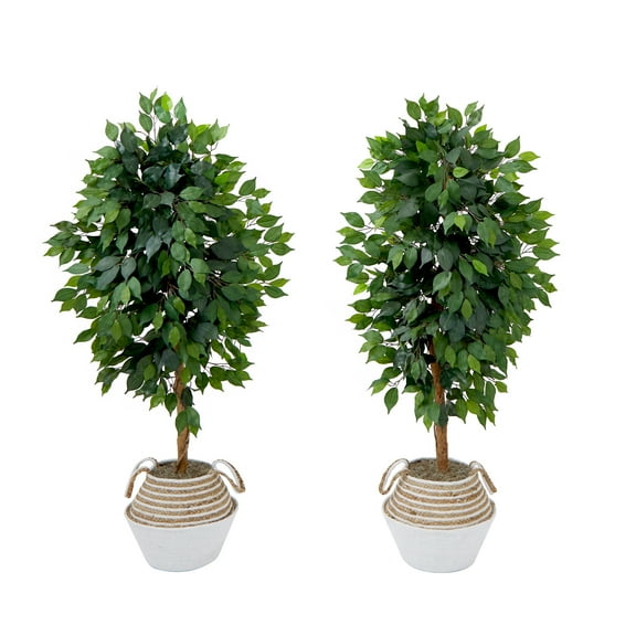 Nearly Natural 4.5ft. Artificial Ficus Tree with Double Trunk in Handmade Cotton & Jute Basket DIY KIT (Set of 2), Green