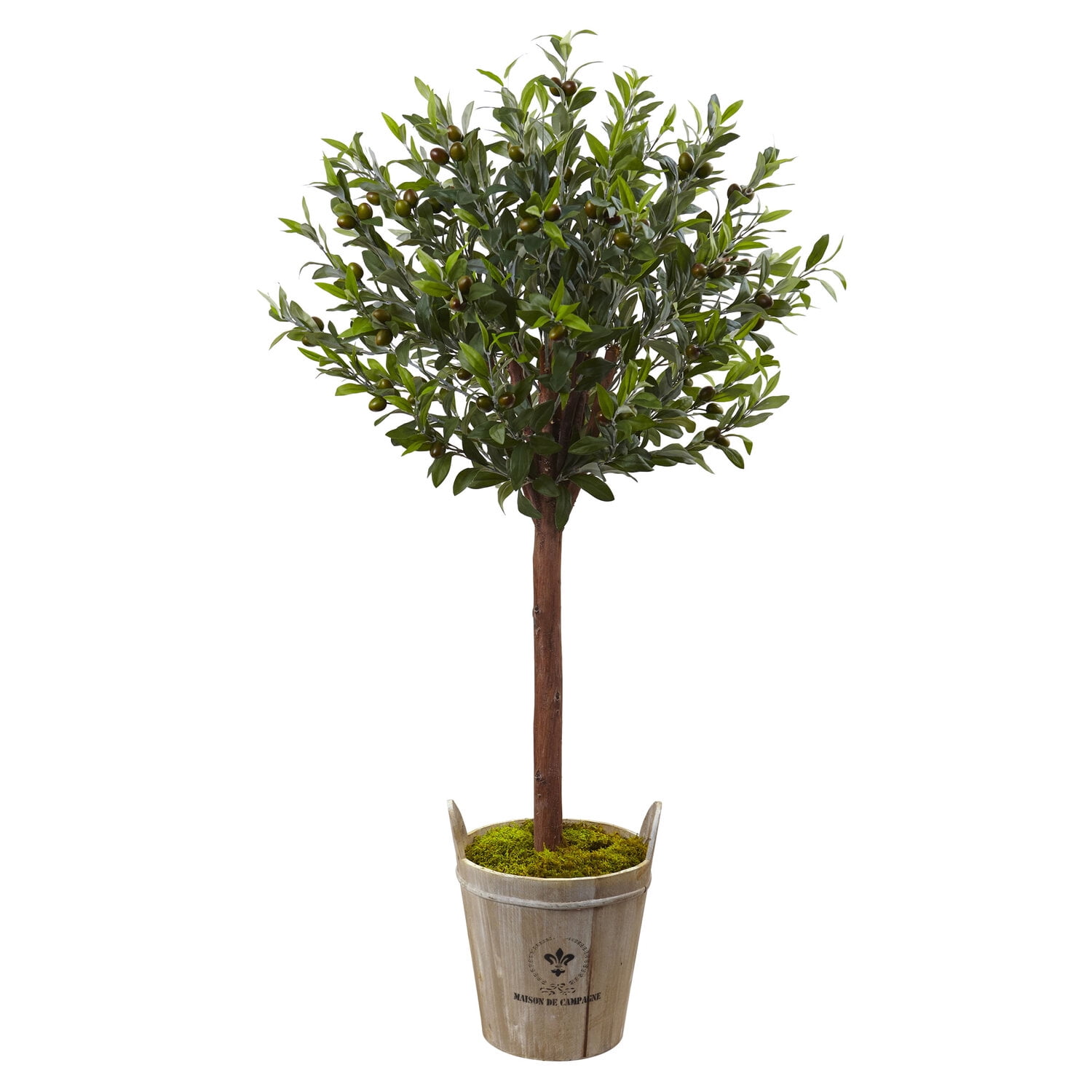 Elegant 4.5' Silk Olive Topiary Tree in Farmhouse Barrel Planter