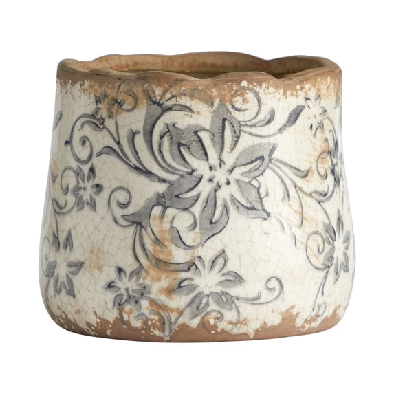 Nearly Natural 4.5" Tuscan Ceramic Gray Scroll Planter in White