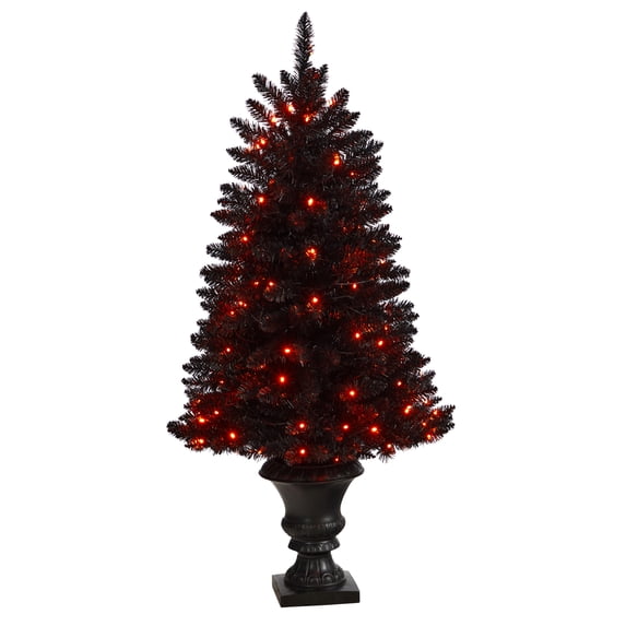 Nearly Natural 4' Black Halloween Artificial Christmas Tree in Urn Prelit 100 Orange LED Lights