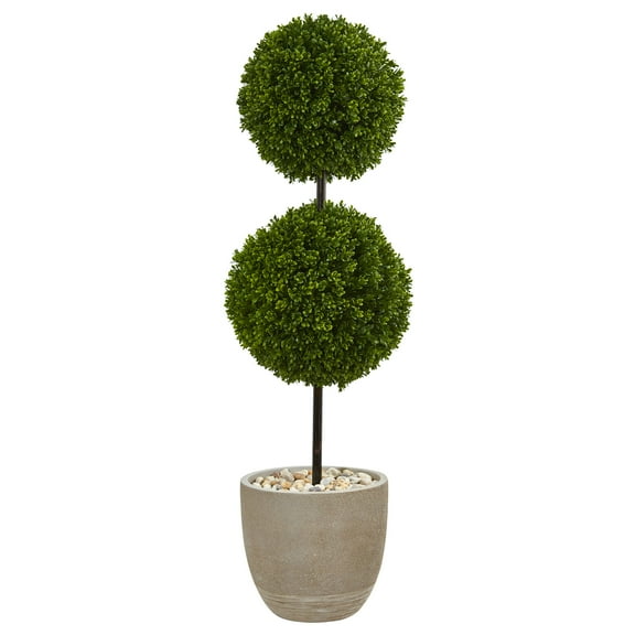 Nearly Natural 4' Boxwood Double Ball Topiary Artificial Tree in Oval Planter UV Resistant