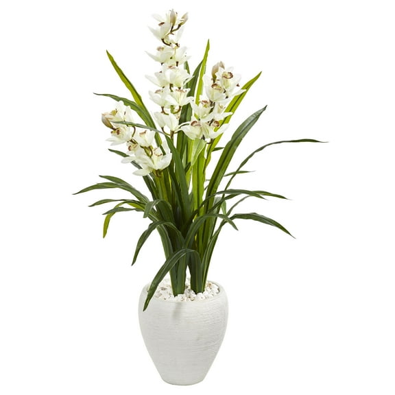 Nearly Natural 4 Cymbidium Orchid Artificial Plant in White Planter