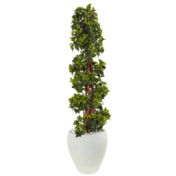 Nearly Natural 4' English Ivy Topiary Artificial Tree in White Oval Planter, UV Resistant