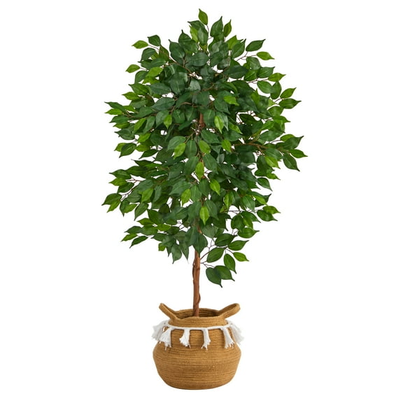 Nearly Natural 4' Ficus Artificial Tree in Boho Chic Handmade Natural Cotton Woven Planter with Tassels