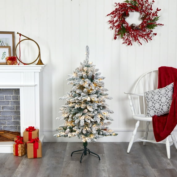 Nearly Natural 4' Flocked Fir Artificial Christmas Tree Prelit 150 Clear LED Lights