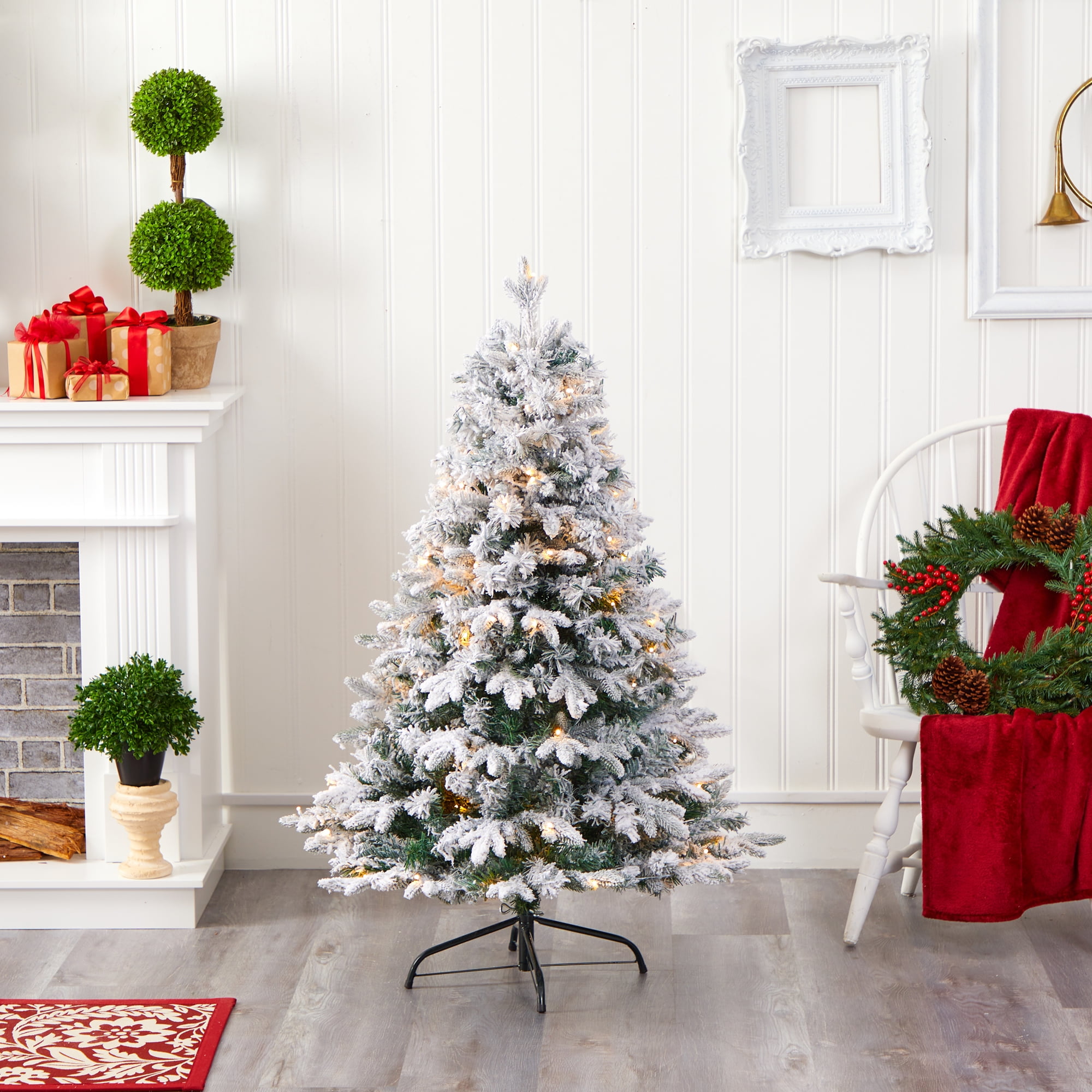 Nearly Natural 4' Green Flocked Mixed Pine Artificial Christmas Tree Prelit 100 Clear LED Lights