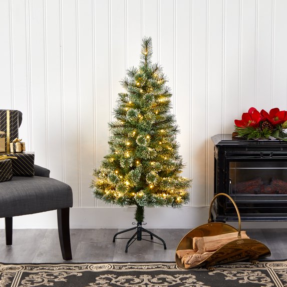 Nearly Natural 4' Green Slim Snow Tip Pine Artificial Christmas Tree with 100 Clear LED Lights