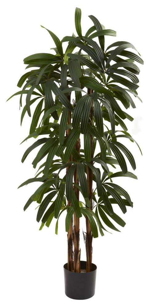 Tall Green Plastic Palm Floor Plant in Black Pot